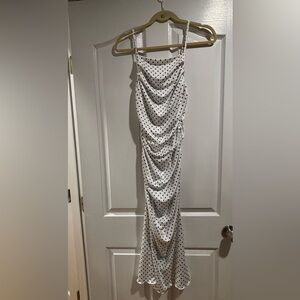 White Polka Dot Ruched Dress